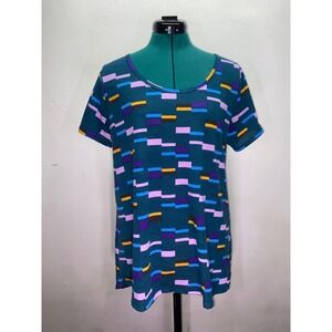LuLaRoe Irma Tunic Top Teal Geometric Short Sleeve High Low Maximalist Kidcore M